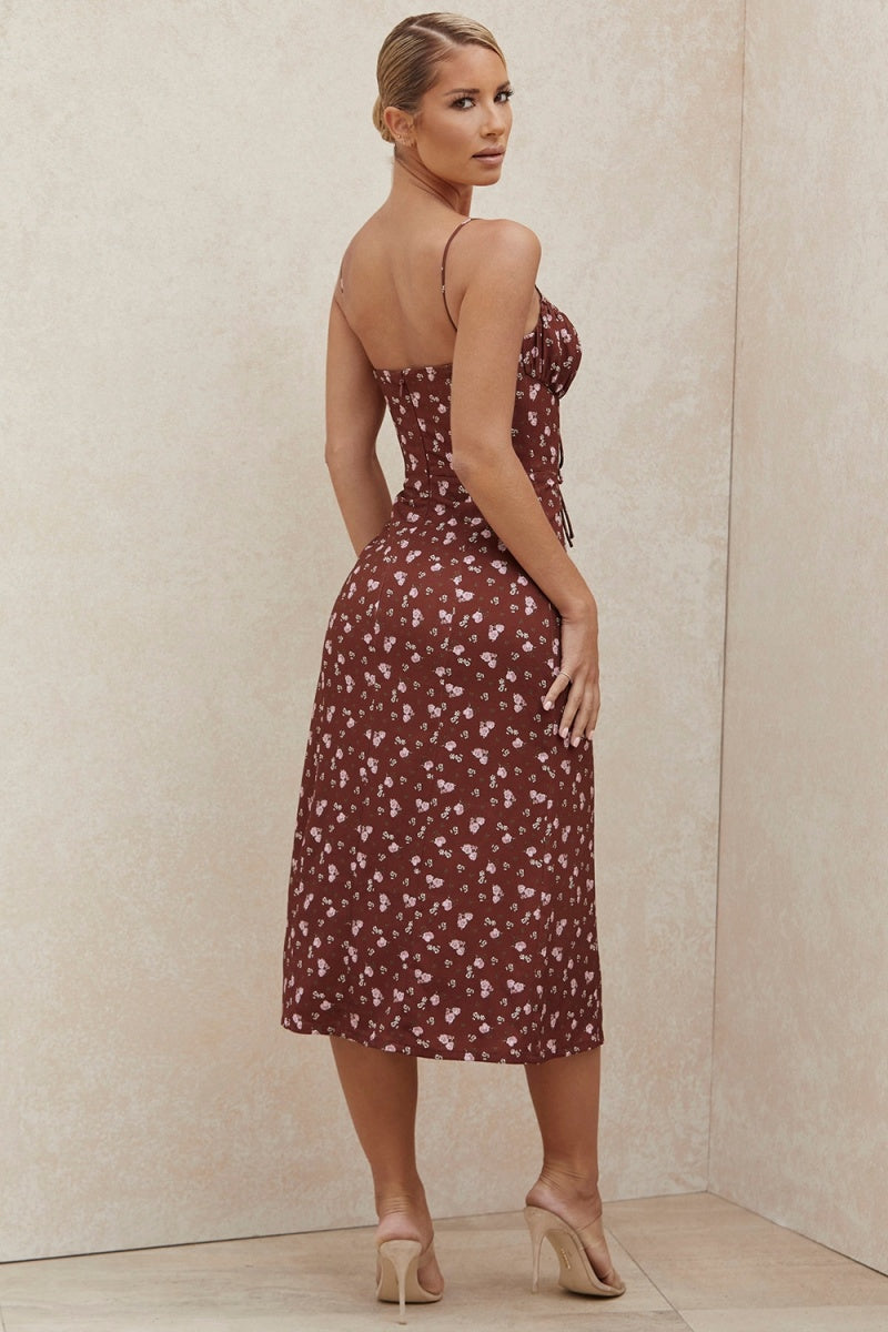 Claret - Women's brown midi dress featuring a ditsy floral print, ruched bust with tie detail, spaghetti straps, and a high thigh slit.
