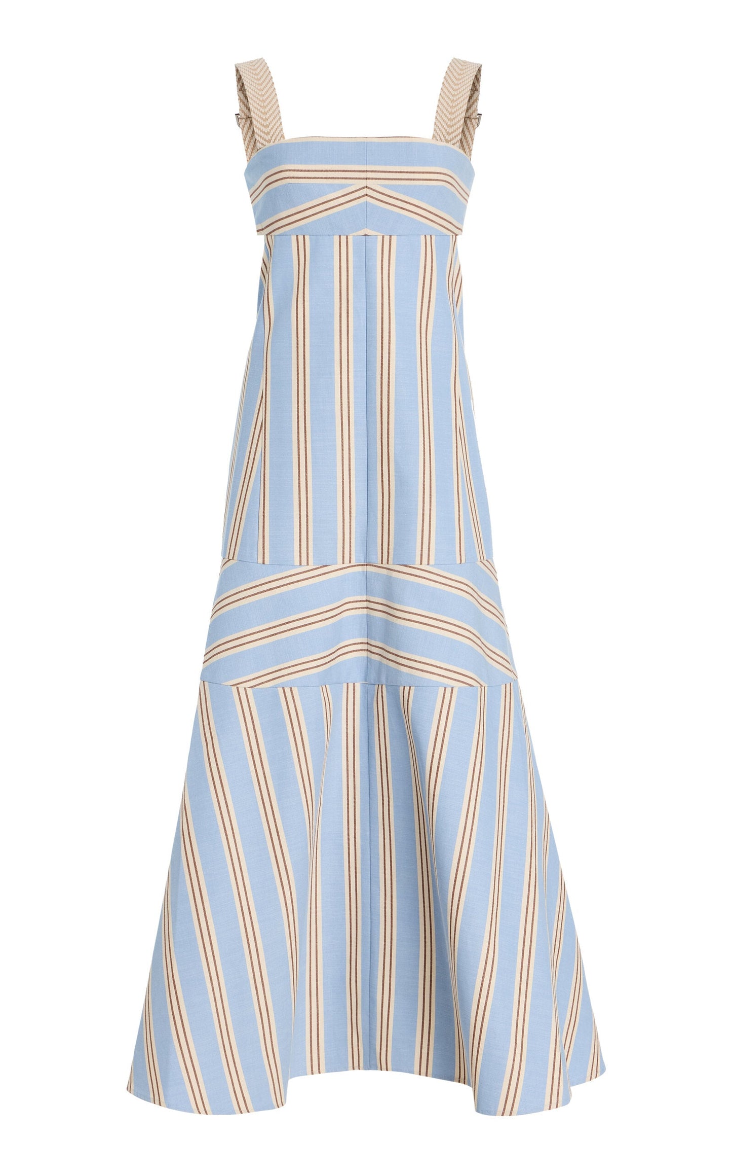 Women's light blue, beige, and brown striped midi dress featuring wide textured straps, side waist cutouts, and a panelled A-line skirt creating a chevron stripe effect.