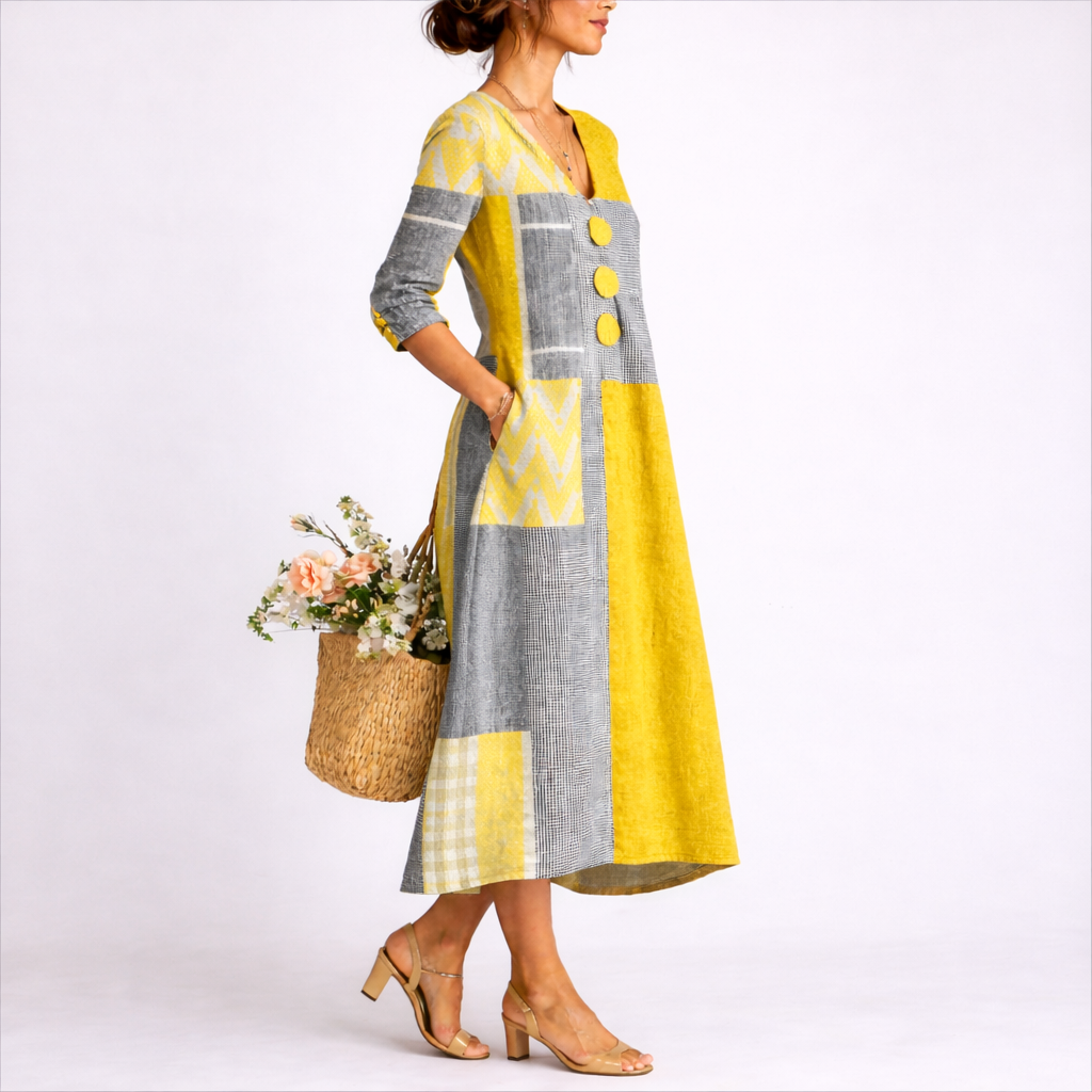 XL - Woman wearing a relaxed patchwork midi dress with a V-neckline, 3/4 sleeves, and large front buttons, holding a woven basket with flowers.