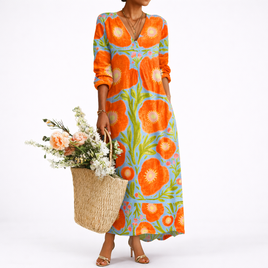 Multicolor - Model wearing a woven floral V-neck relaxed maxi dress with long sleeves and side pockets, holding a woven tote bag with flowers.