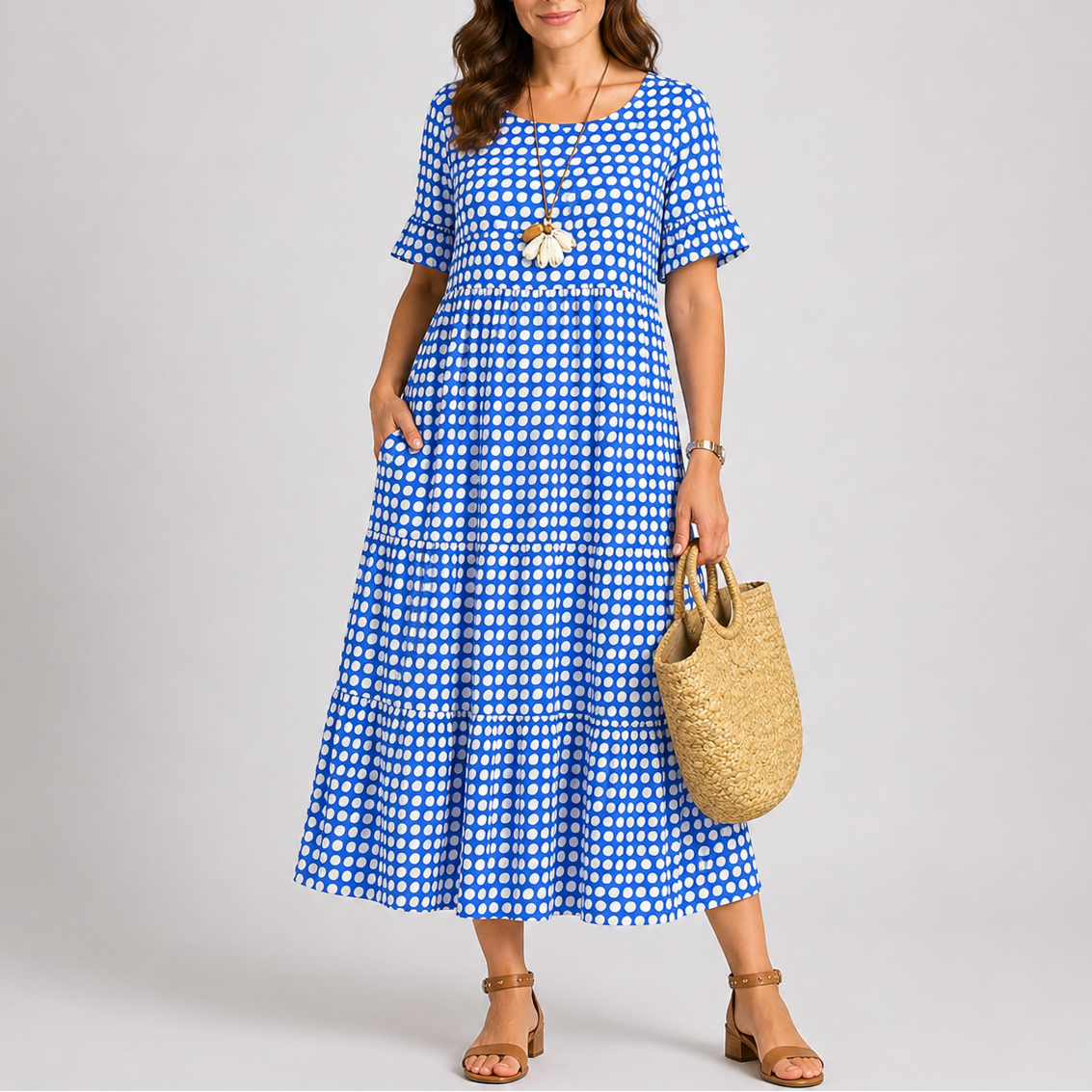 Blue - Woman wearing a spotted short-sleeve tiered midi dress with side pockets, holding a woven bag.