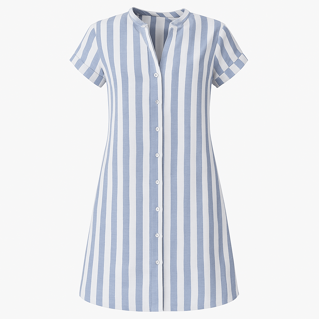 Light Blue - Model on a beach wearing a woven striped short-sleeve shirt dress with a button-front design and relaxed fit