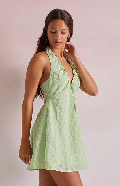 Green - Women's light pink mini dress featuring a plunging ruched halter neckline, centre tie detail, and a flared skirt in a textured crinkle fabric.