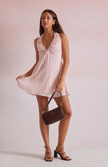 Pink - Women's light pink mini dress featuring a plunging ruched halter neckline, centre tie detail, and a flared skirt in a textured crinkle fabric.