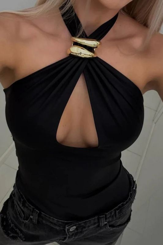 Black - Women's form-fitting black halter top featuring a dramatic front cut-out and sculptural gold-tone hardware at the neck.