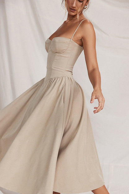 Apricot - Women's elegant beige corset-style midi dress featuring underwire cups, spaghetti straps, a drop waist, and a full sweeping skirt.