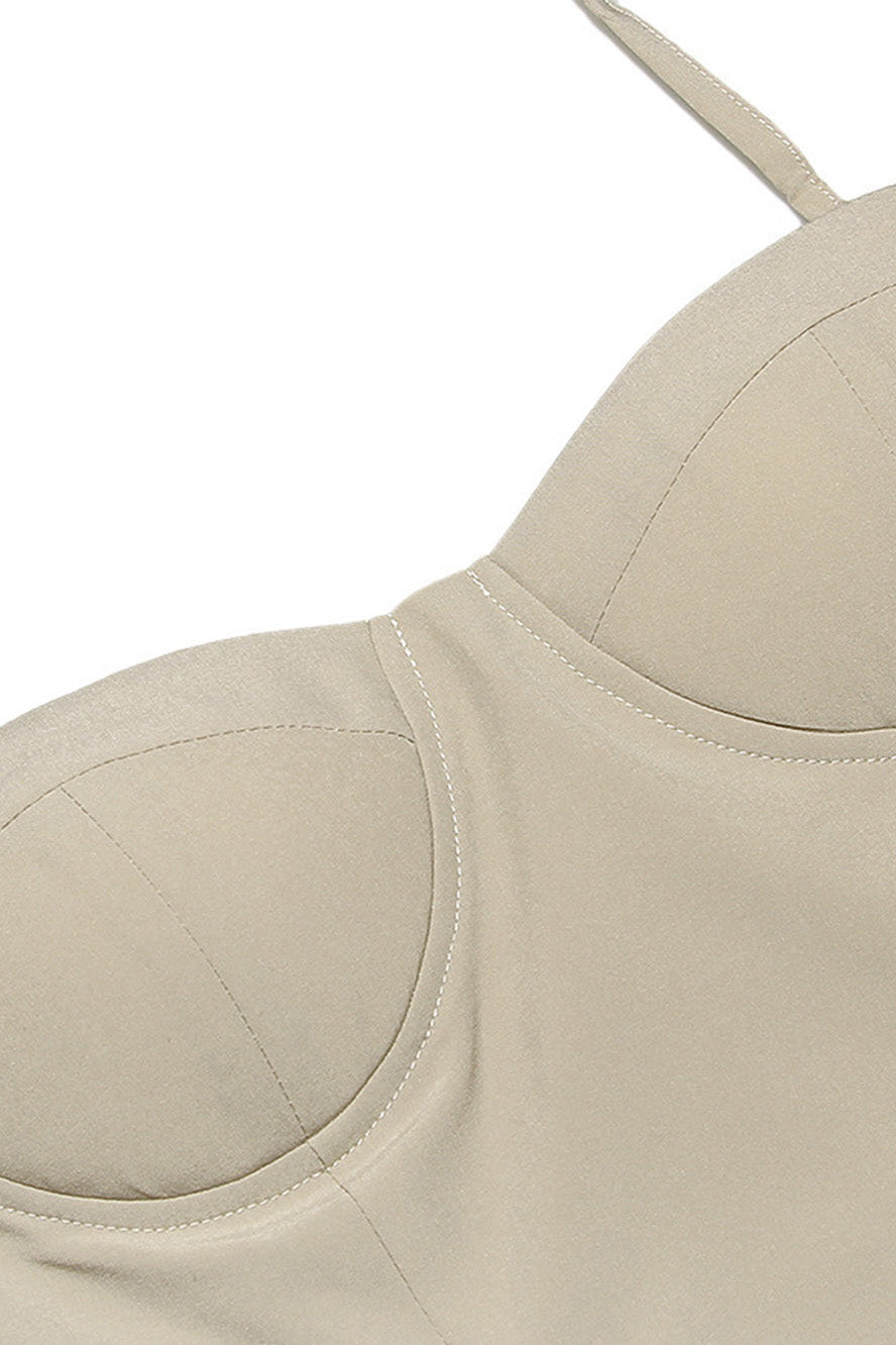 Apricot - Women's elegant beige corset-style midi dress featuring underwire cups, spaghetti straps, a drop waist, and a full sweeping skirt.
