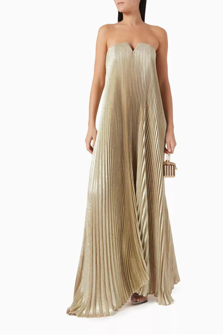 Gold - Women's metallic strapless maxi dress featuring all-over plissé pleats and a V-notch neckline.