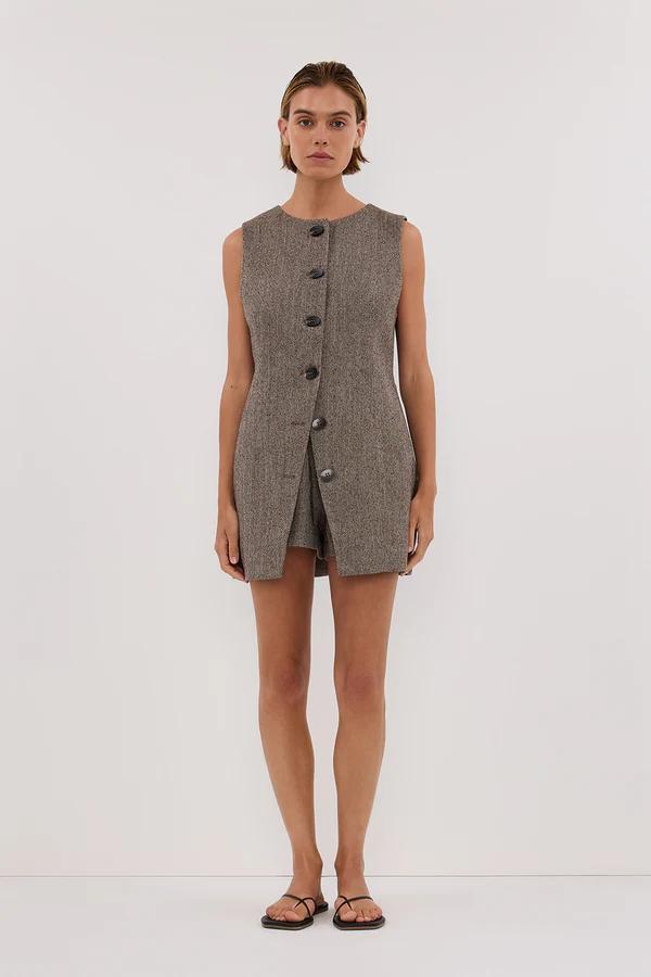 Chocolate - Women's sleeveless, longline button-front top in a textured speckled fabric, featuring a high round neckline and tailored fit, worn over matching shorts.