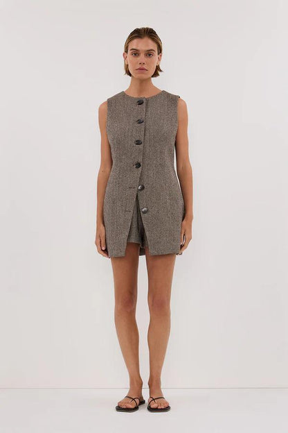 Chocolate - Women's sleeveless, longline button-front top in a textured speckled fabric, featuring a high round neckline and tailored fit, worn over matching shorts.