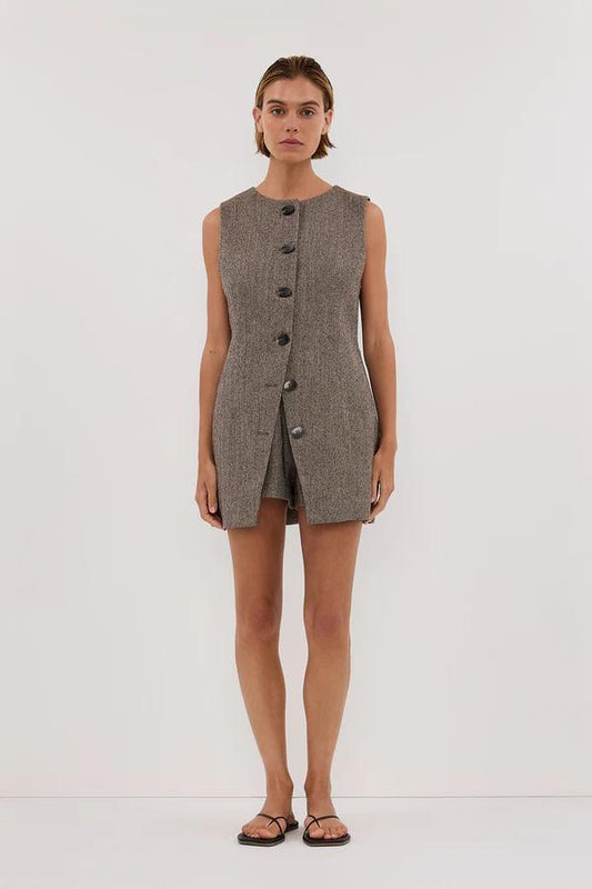 Chocolate - Women's sleeveless, longline button-front top in a textured speckled fabric, featuring a high round neckline and tailored fit, worn over matching shorts.
