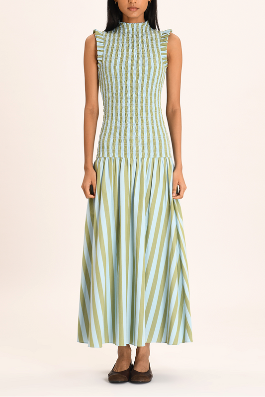 Green - Women's sleeveless maxi dress featuring a high neck, smocked bodice, ruffled shoulders, and a drop-waist gathered skirt in a light blue and olive green vertical stripe pattern.