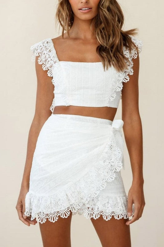 White - Women's two-piece set featuring a square-neck crop top and a high-waisted wrap mini skirt, both detailed with intricate scalloped lace trim.
