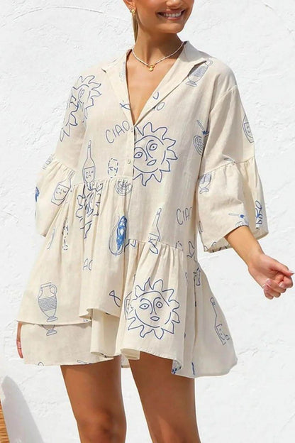 Blue - Women's light-coloured mini dress featuring a blue line-art print of suns and vases, styled with a V-neck collar, button front, wide half sleeves, and a voluminous tiered smock silhouette.