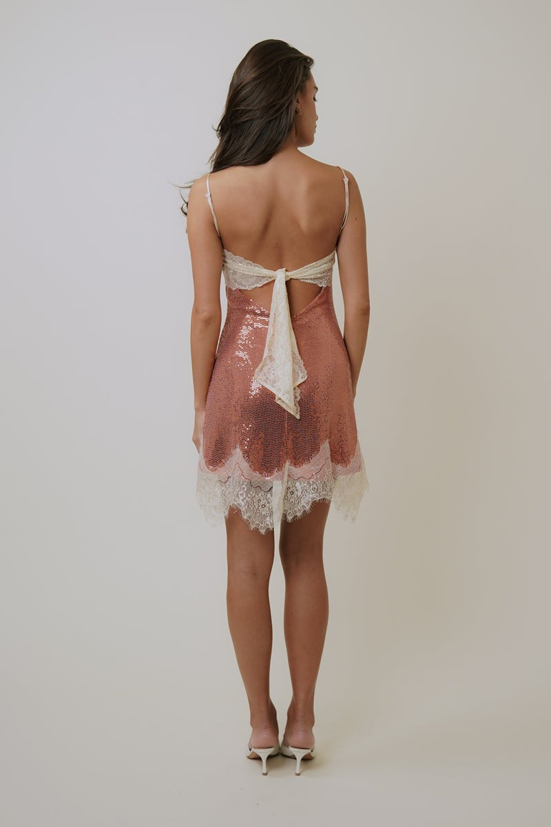 Pink - Women's evening mini slip dress featuring a shimmering sequin body and delicate contrast lace trim at the neckline and hem.