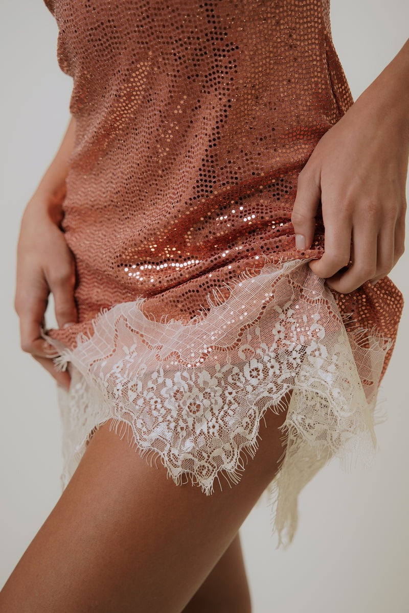 Pink - Women's evening mini slip dress featuring a shimmering sequin body and delicate contrast lace trim at the neckline and hem.