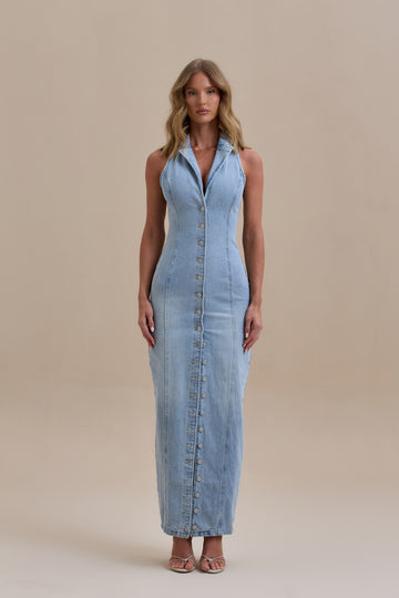 Blue - Women's form-fitting denim maxi dress featuring a halter neckline with lapel collar, full button-down front, and vertical tailored seams.