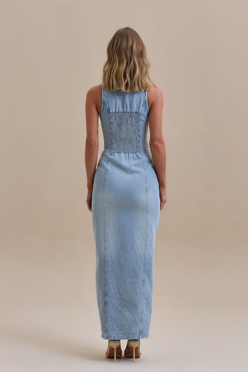 Blue - Women's form-fitting denim maxi dress featuring a halter neckline with lapel collar, full button-down front, and vertical tailored seams.