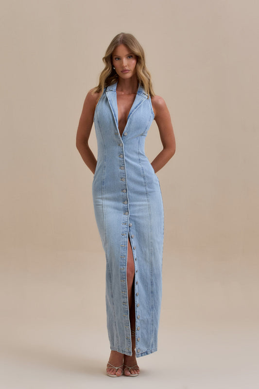 Blue - Women's form-fitting denim maxi dress featuring a halter neckline with lapel collar, full button-down front, and vertical tailored seams.