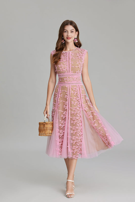 Women's elegant midi dress featuring a sheer pink overlay with botanical leaf embroidery, ladder lace waist detailing, and a flared A-line skirt over a neutral lining.