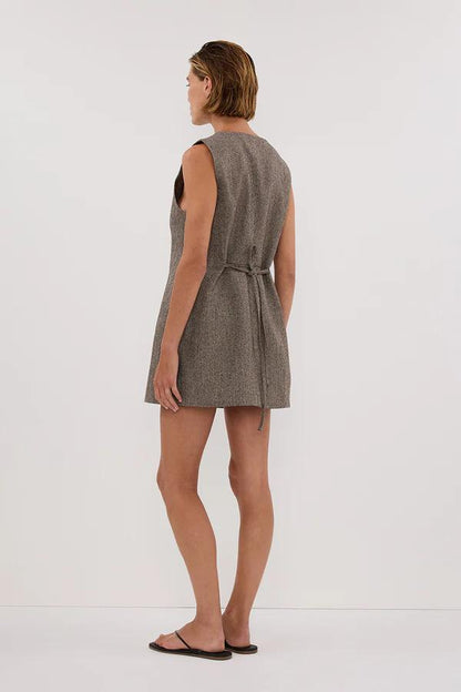 Chocolate - Women's sleeveless, longline button-front top in a textured speckled fabric, featuring a high round neckline and tailored fit, worn over matching shorts.