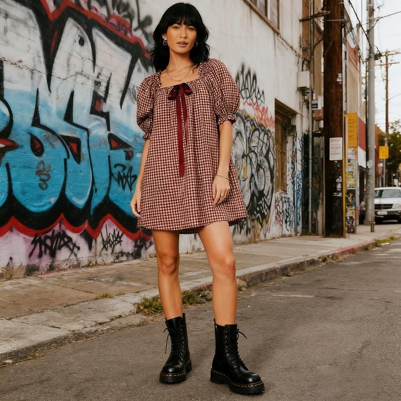 Black - Women's mini-length smock dress in a gingham print, featuring a square neckline with a ribbon tie and short puff sleeves.