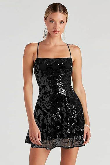 Black - Full-length view of a model wearing a black A-line mini dress with spaghetti straps and a square neckline, featuring an all-over black sequin baroque pattern.
