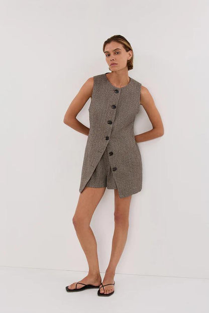 Chocolate - Women's sleeveless, longline button-front top in a textured speckled fabric, featuring a high round neckline and tailored fit, worn over matching shorts.