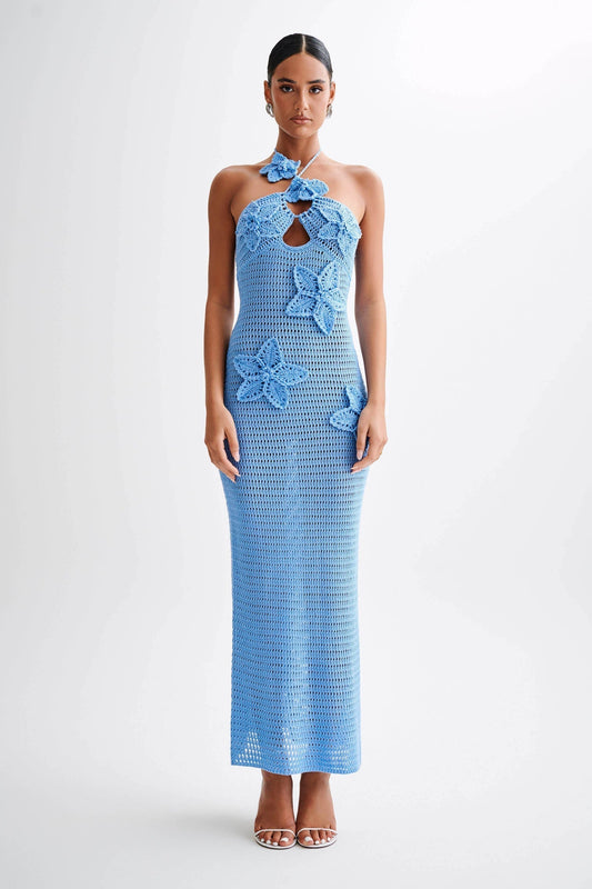 Blue - Women's light blue crochet maxi dress featuring a halter neckline, front keyhole cutout, and large 3D floral appliqués.