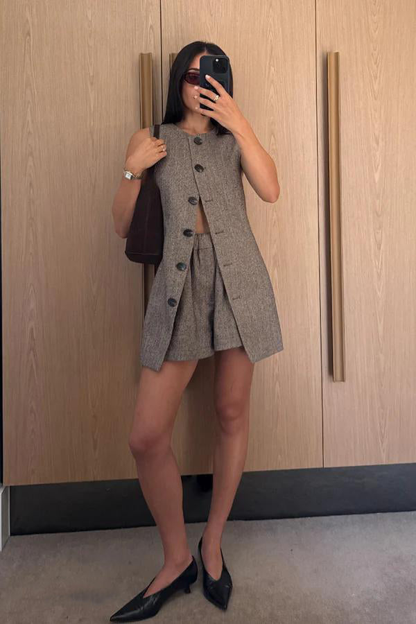 Chocolate - Women's sleeveless, longline button-front top in a textured speckled fabric, featuring a high round neckline and tailored fit, worn over matching shorts.