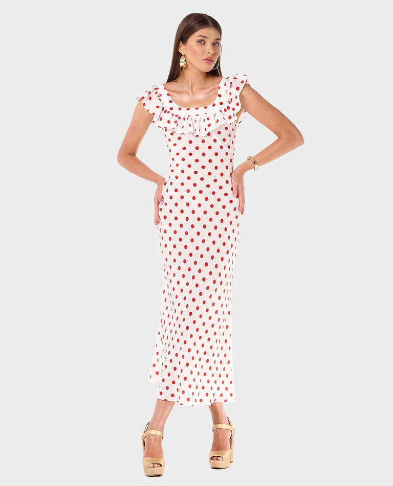 Pink - Women's white midi dress featuring a red polka dot print, a wide ruffled neckline, and a fluid, tailored silhouette.