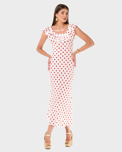 Pink - Women's white midi dress featuring a red polka dot print, a wide ruffled neckline, and a fluid, tailored silhouette.