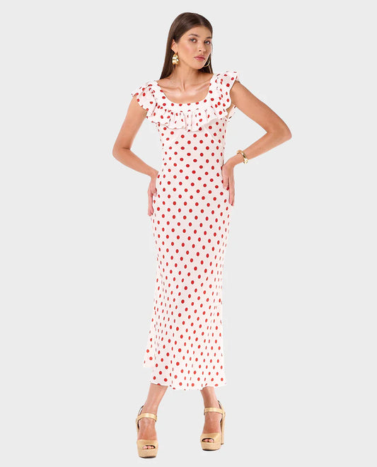 Pink - Women's white midi dress featuring a red polka dot print, a wide ruffled neckline, and a fluid, tailored silhouette.