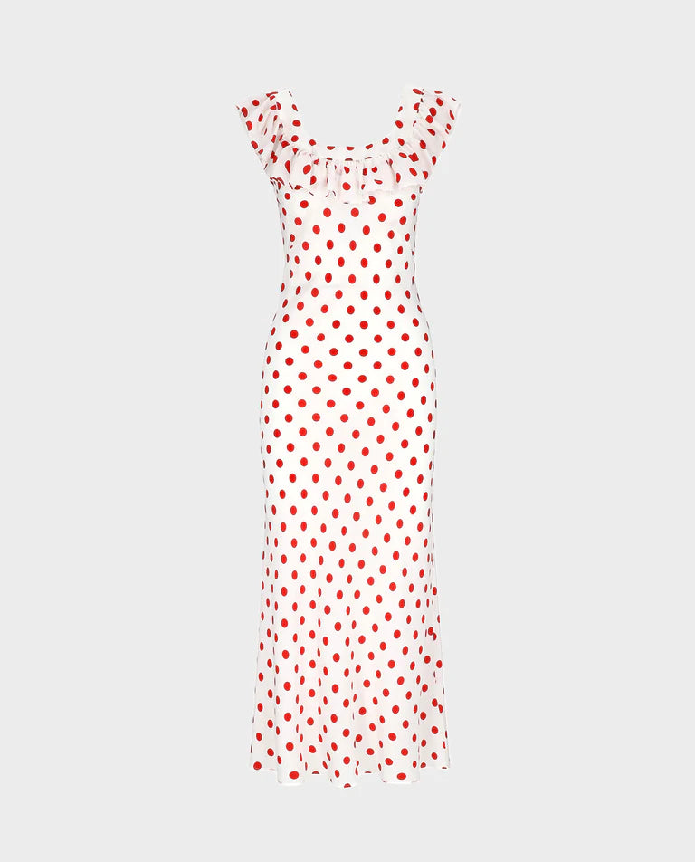 Pink - Women's white midi dress featuring a red polka dot print, a wide ruffled neckline, and a fluid, tailored silhouette.