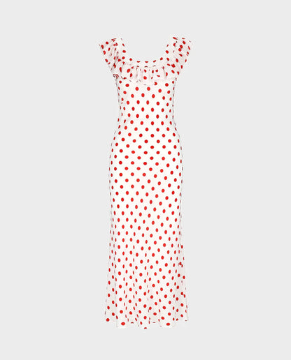 Pink - Women's white midi dress featuring a red polka dot print, a wide ruffled neckline, and a fluid, tailored silhouette.