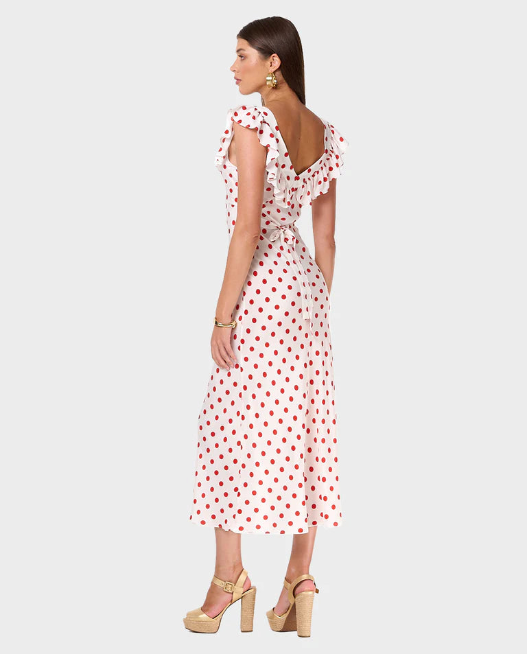 Pink - Women's white midi dress featuring a red polka dot print, a wide ruffled neckline, and a fluid, tailored silhouette.