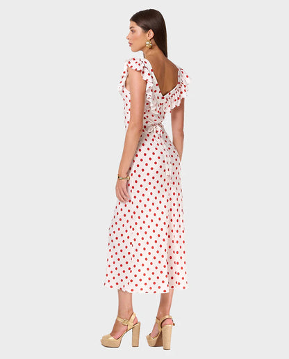 Pink - Women's white midi dress featuring a red polka dot print, a wide ruffled neckline, and a fluid, tailored silhouette.