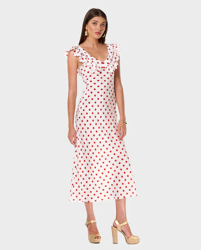 Pink - Women's white midi dress featuring a red polka dot print, a wide ruffled neckline, and a fluid, tailored silhouette.