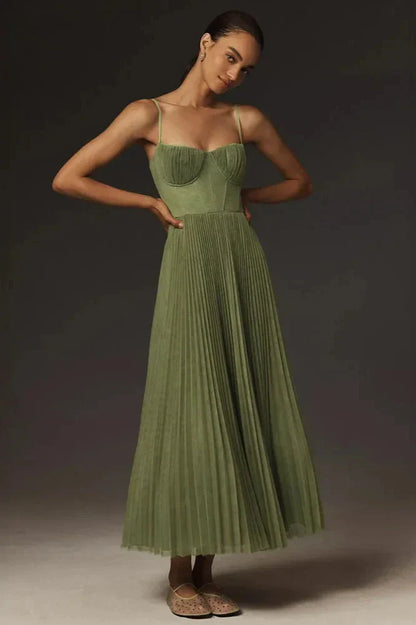 Green - Women's elegant green midi dress featuring a structured corset bodice with thin straps and a flowing, finely pleated skirt.