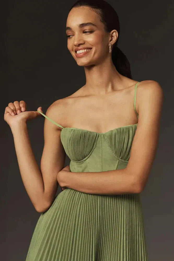 Green - Women's elegant green midi dress featuring a structured corset bodice with thin straps and a flowing, finely pleated skirt.