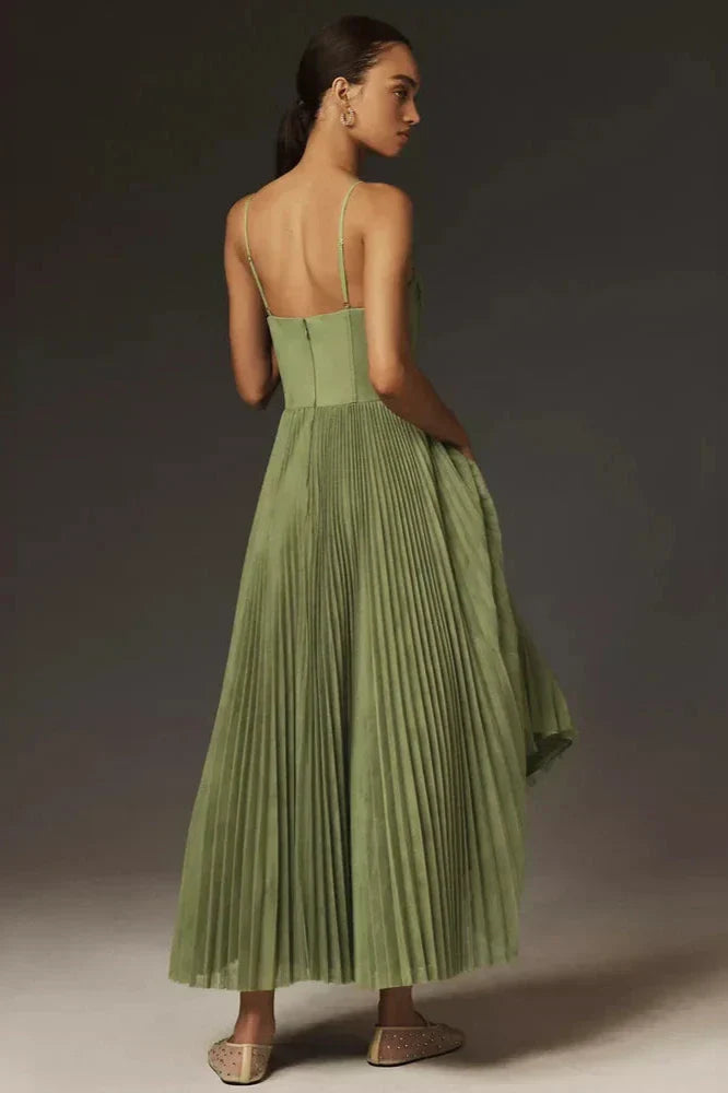 Green - Women's elegant green midi dress featuring a structured corset bodice with thin straps and a flowing, finely pleated skirt.