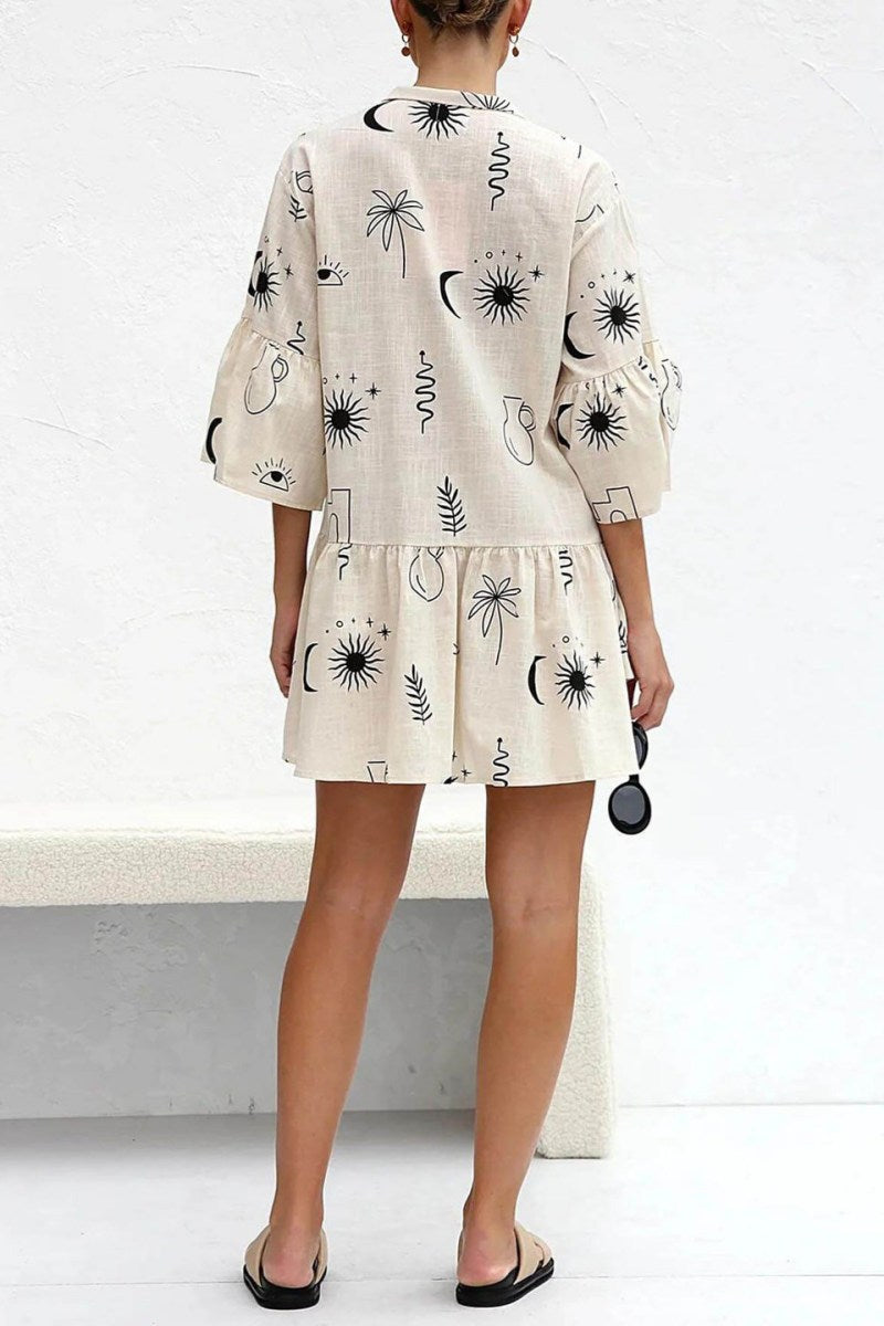 Black - Women's light-coloured mini dress featuring a blue line-art print of suns and vases, styled with a V-neck collar, button front, wide half sleeves, and a voluminous tiered smock silhouette.
