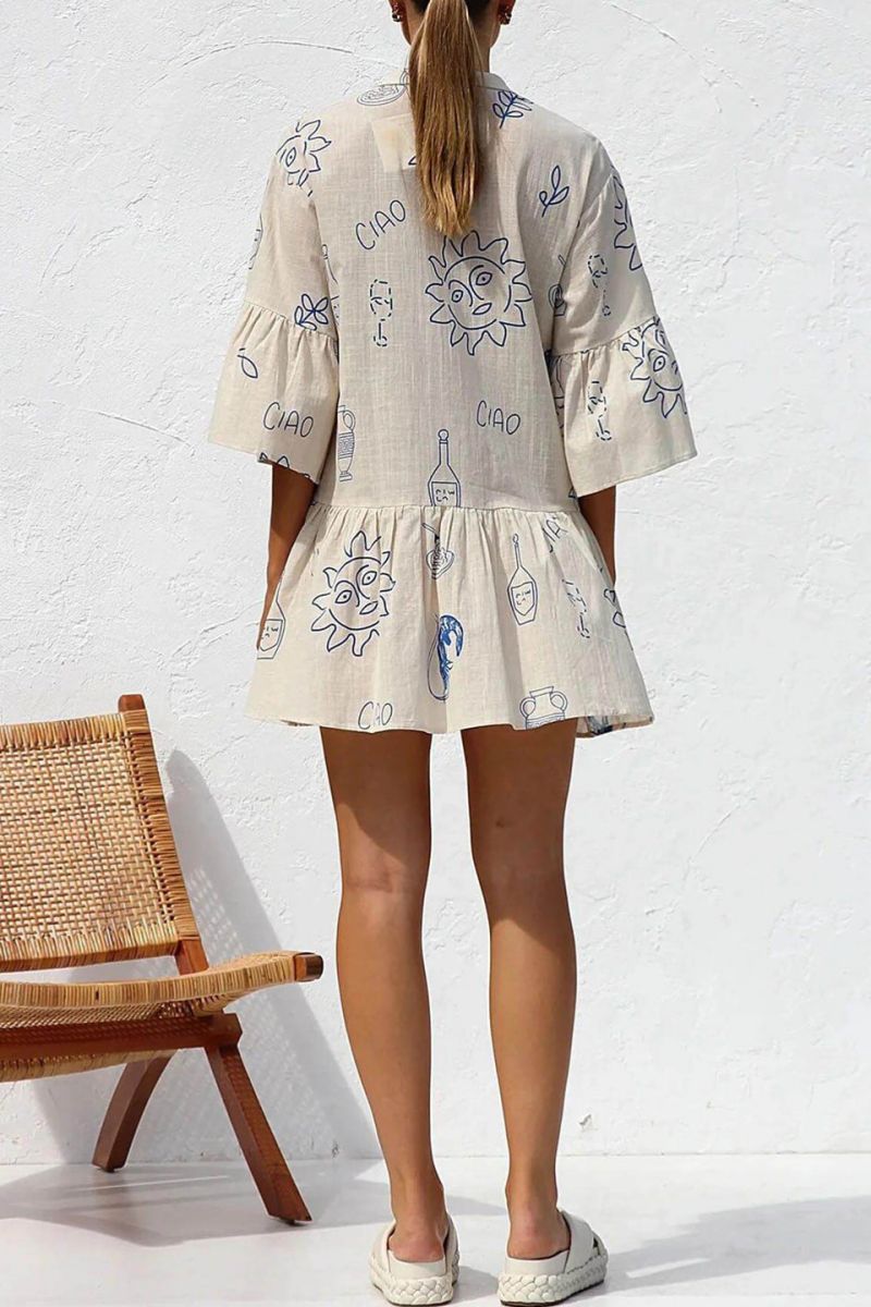 Blue - Women's light-coloured mini dress featuring a blue line-art print of suns and vases, styled with a V-neck collar, button front, wide half sleeves, and a voluminous tiered smock silhouette.