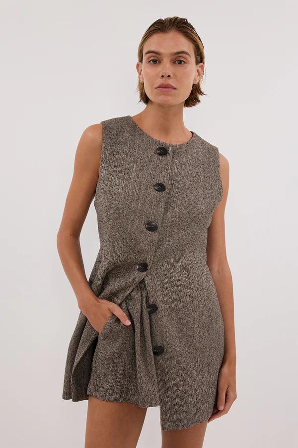 Chocolate - Women's sleeveless, longline button-front top in a textured speckled fabric, featuring a high round neckline and tailored fit, worn over matching shorts.