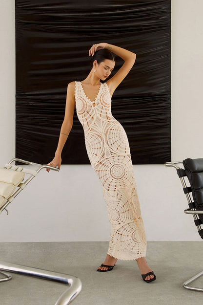 Beige - Women's cream-coloured, sleeveless maxi dress featuring an intricate circular crochet pattern, plunging V-neckline, and side cut-outs.