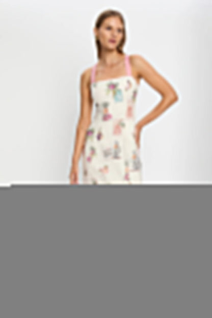 Multi-colored - Women's midi-length column dress in cream featuring a vintage botanical stamp print, square neckline, and wide pink shoulder straps.
