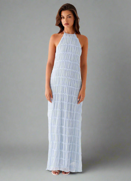 Baby Blue - Women's light blue halterneck maxi dress featuring a unique textured fabric with horizontal ruffle details and a straight column silhouette.