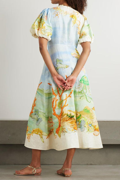 Yellow - Women's midi-length dress with short puff sleeves and a high neckline, featuring a detailed, artistic print of an underwater marine scene with coral, fish, and jellyfish in soft pastel tones.