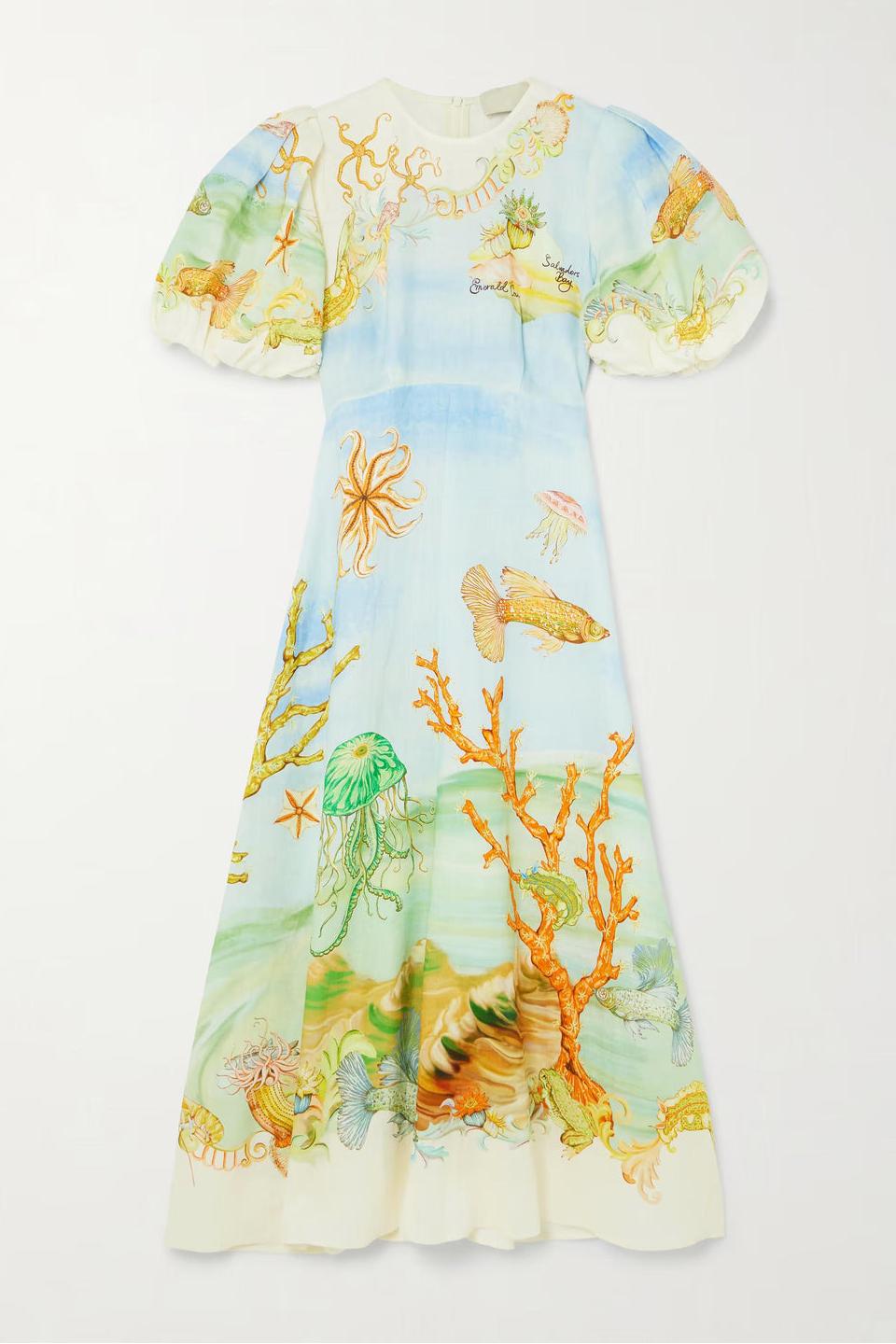 Yellow - Women's midi-length dress with short puff sleeves and a high neckline, featuring a detailed, artistic print of an underwater marine scene with coral, fish, and jellyfish in soft pastel tones.