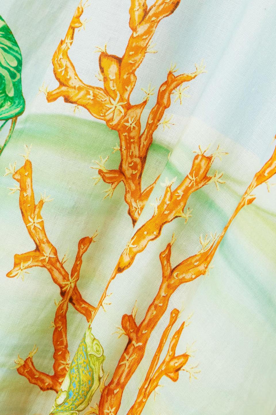Yellow - Women's midi-length dress with short puff sleeves and a high neckline, featuring a detailed, artistic print of an underwater marine scene with coral, fish, and jellyfish in soft pastel tones.